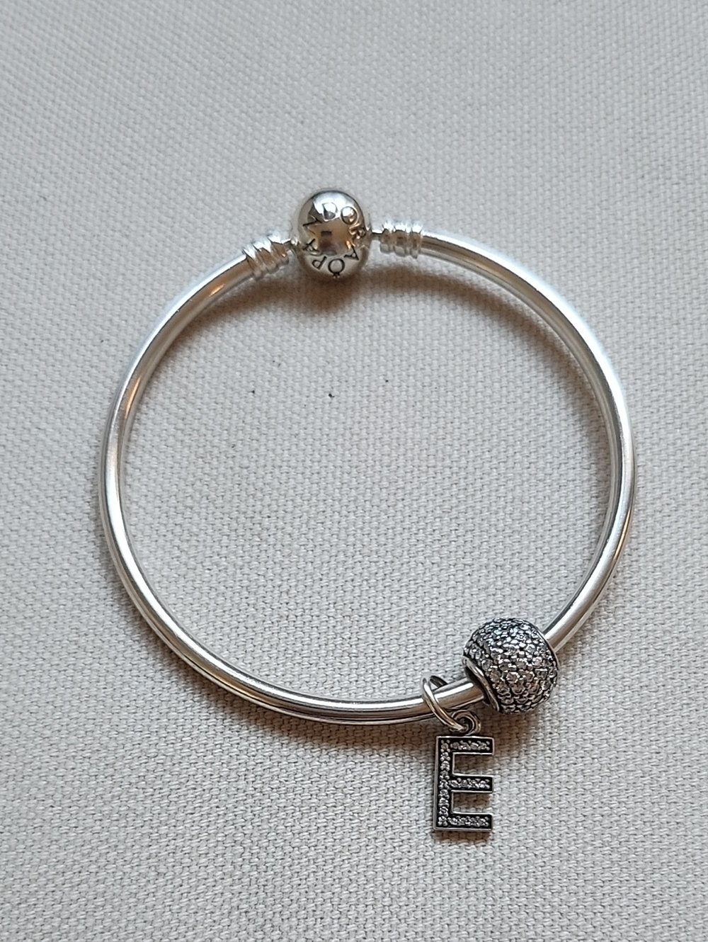 Pandora Silver Tone Bangle with Pavé Charm and 'E' Initial